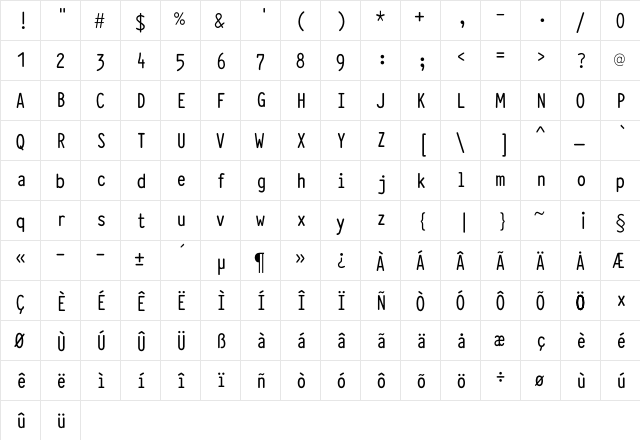 Typewriter_Condensed_Demi Regular  glyph index