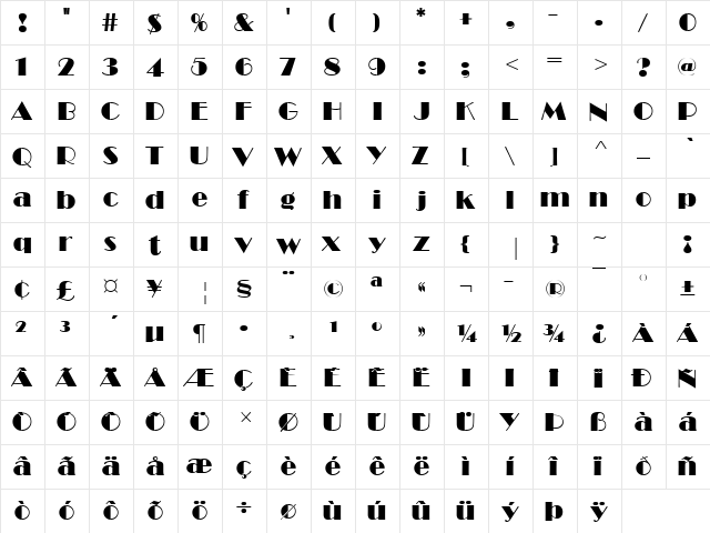 Broadway Becker Poster Regular  glyph index