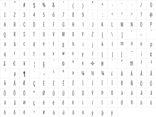 BentonSans UltraCondensed Light  glyph index