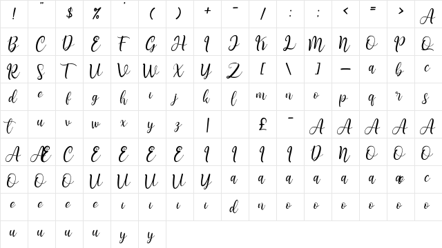 Teressia Script Regular  glyph index