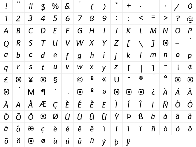 WhitneySans Regular  glyph index