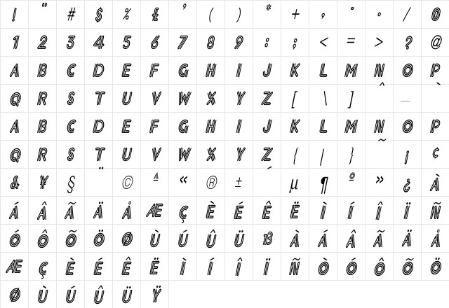 Eklektic-Normal Cn IT Italic  glyph index