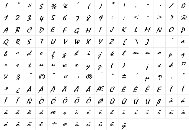 Mystic Wide Italic  glyph index