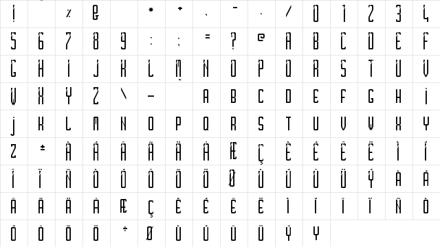 SlimSlashy Regular  glyph index