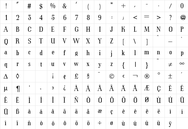 Cordial Regular  glyph index