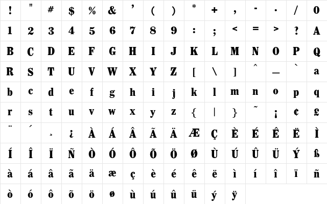 Whitin Condensed Black  glyph index