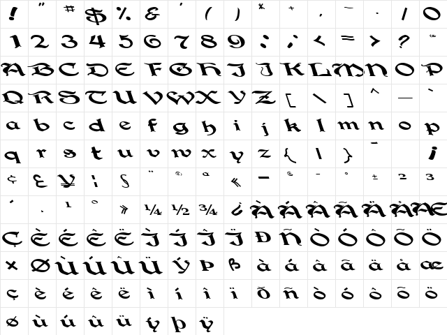 Liquid Regular  glyph index