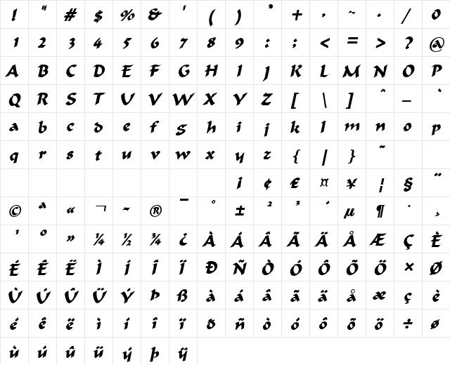 FlatBrush Bold Italic  glyph index