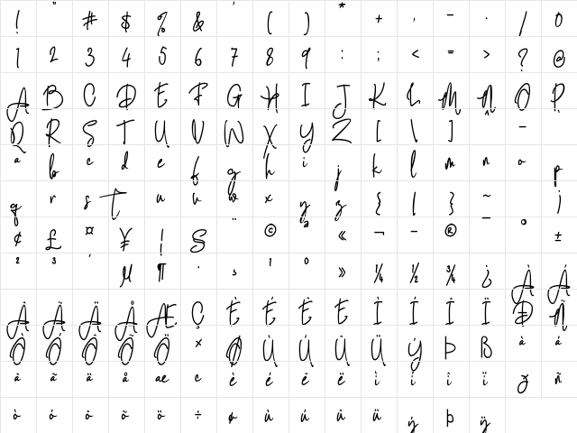 Darling Suttine Regular  glyph index