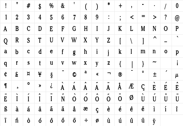 Chelsey Thin Bold  glyph index