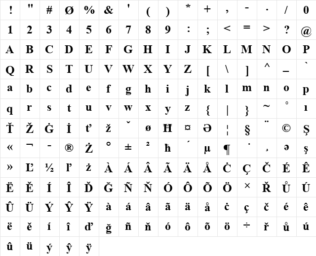 Velehrad Bold Bold  glyph index