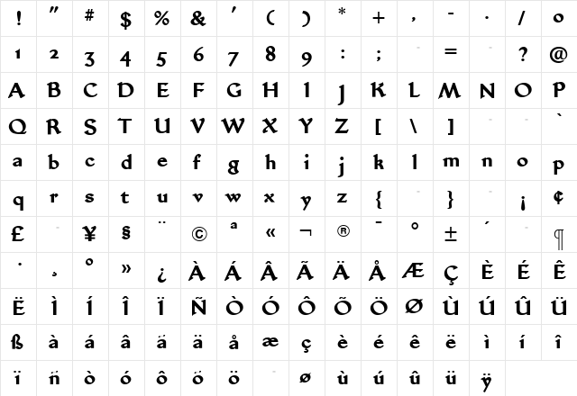 JubileeBold Roman  glyph index