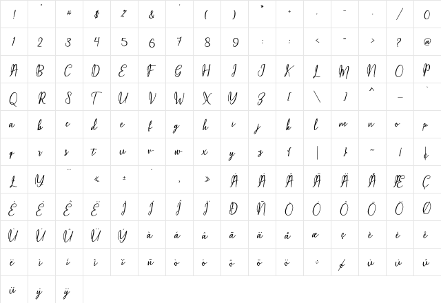 Maqella Script Regular  glyph index