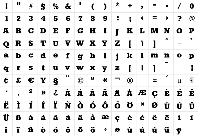 StaffordSerial-Xbold Regular  glyph index