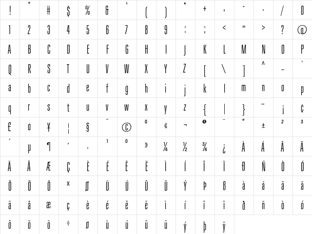LanceCondensed Light  glyph index