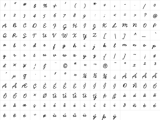 Handsome Pro Bold  glyph index