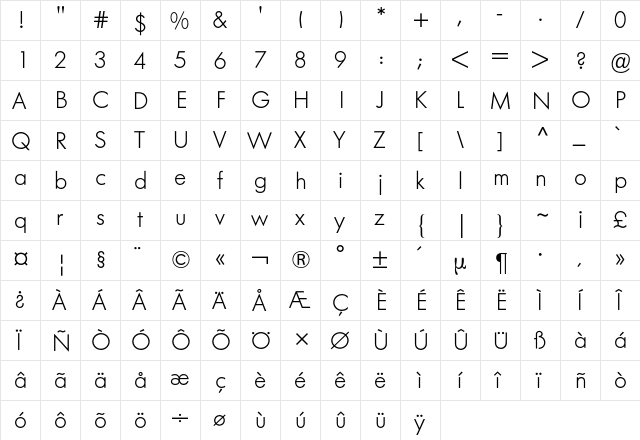 Futura BQ Regular  glyph index