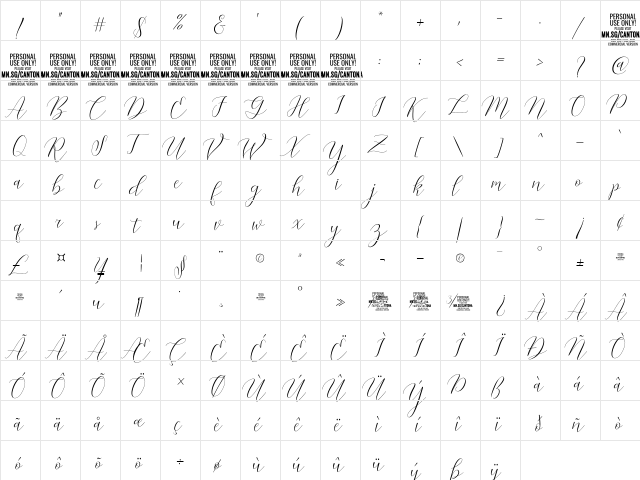 Cantona Script Regular  glyph index