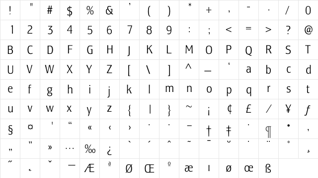 LesmoreLightCondensed Regular  glyph index