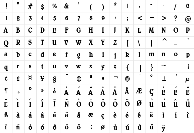 Blew Thin Bold  glyph index