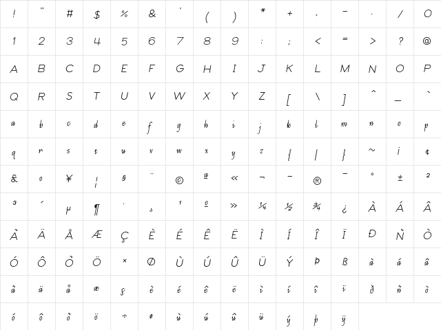 LetsTrace Italic  glyph index