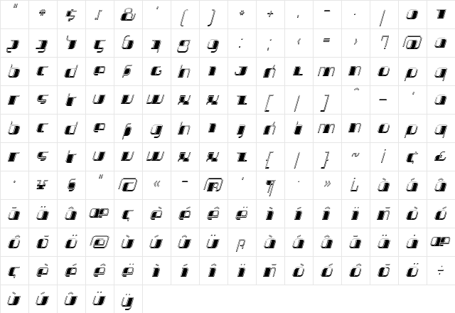 Jakone Italic  glyph index