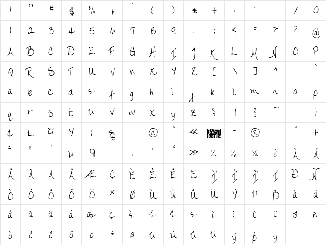 LarriesHand Regular  glyph index
