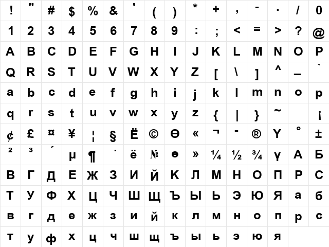 SUNA Arial Bold  glyph index