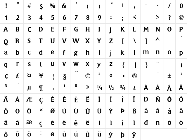 Flare Gothic Regular  glyph index