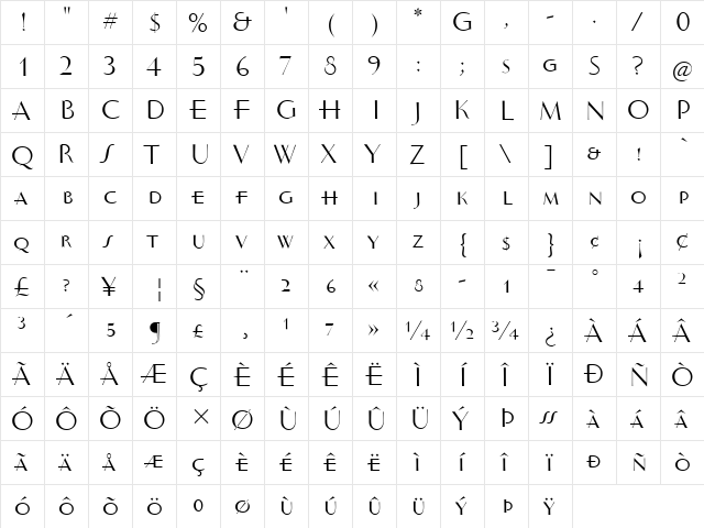 Vintage ITC Light  glyph index