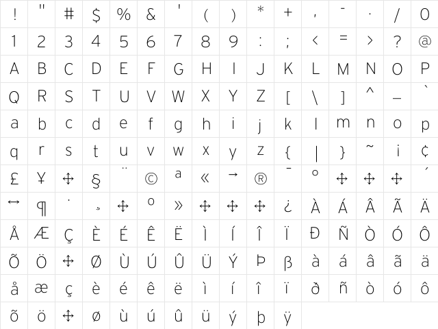 Interstate ExtraLight  glyph index