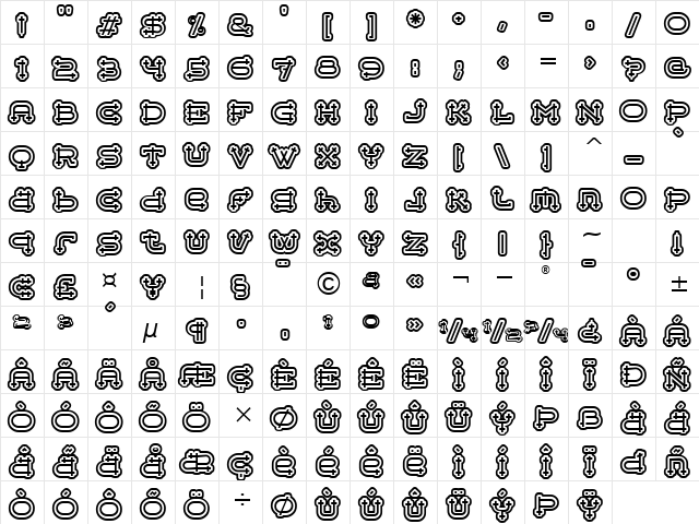 BelterMegaOutlineITC TT Regular  glyph index