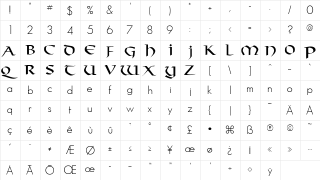 Taranis Regular  glyph index