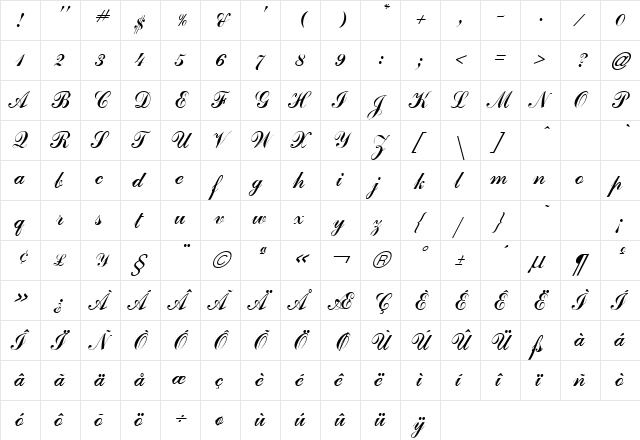 GE Journeyman Script Italic  glyph index
