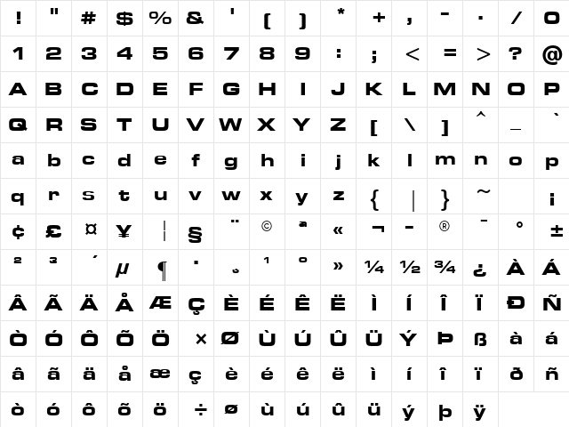 Microstyle Bold Extended ATT Regular  glyph index