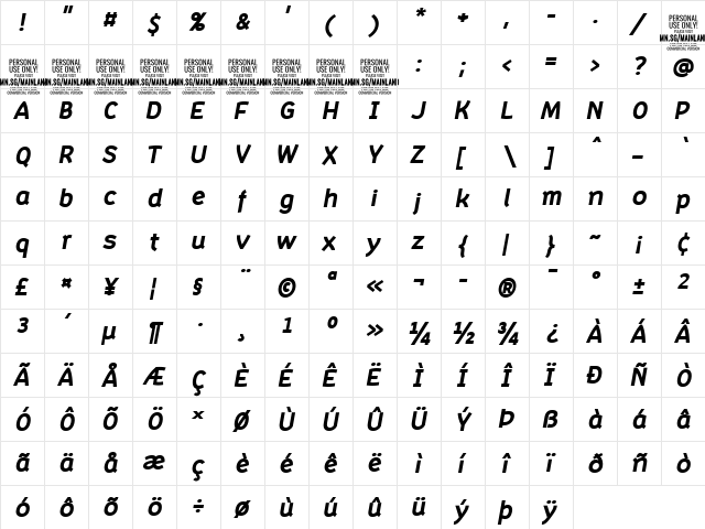 Mainland PERSONAL Bold Italic  glyph index