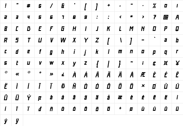 Addiction Italic  glyph index