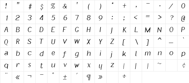 Informal Italic  glyph index
