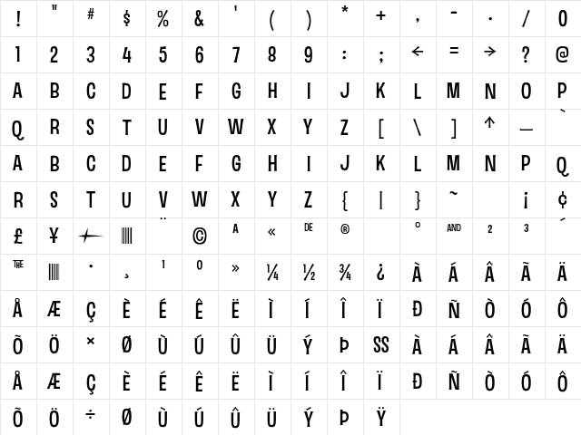 Sinzano Regular  glyph index