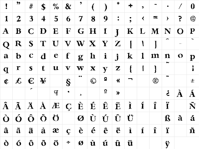 BernsteinRandom Bold  glyph index