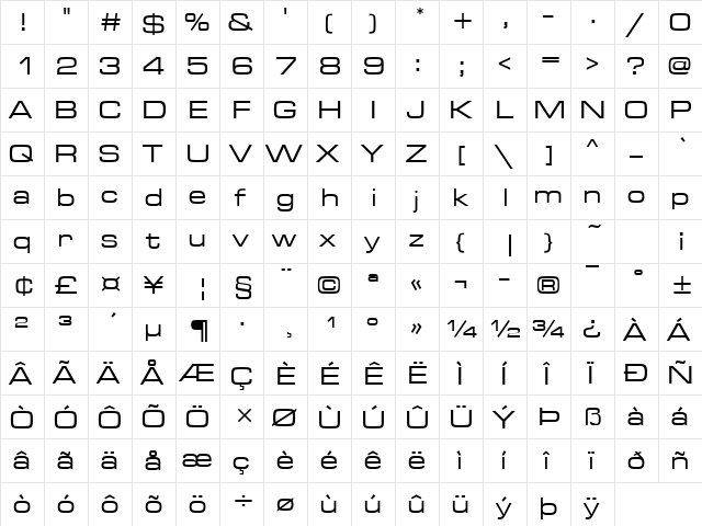 MicrogrammaDMedExt Regular  glyph index