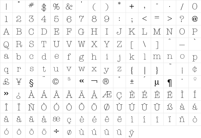 American TypeLight  glyph index