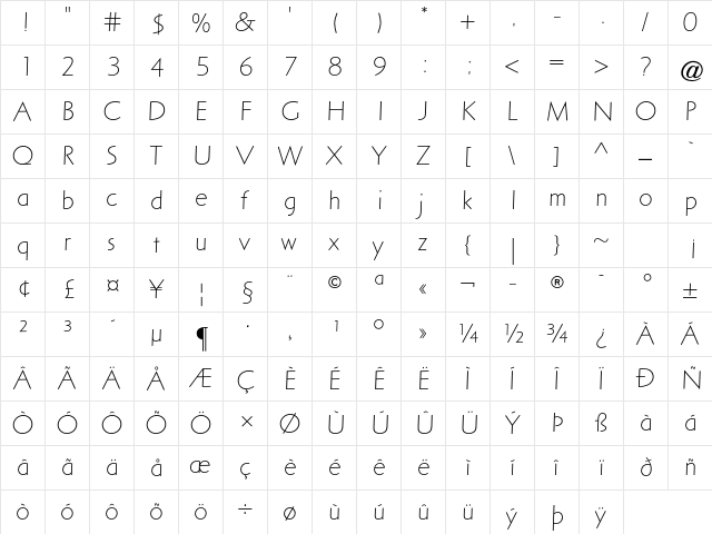 Arta Std Light  glyph index