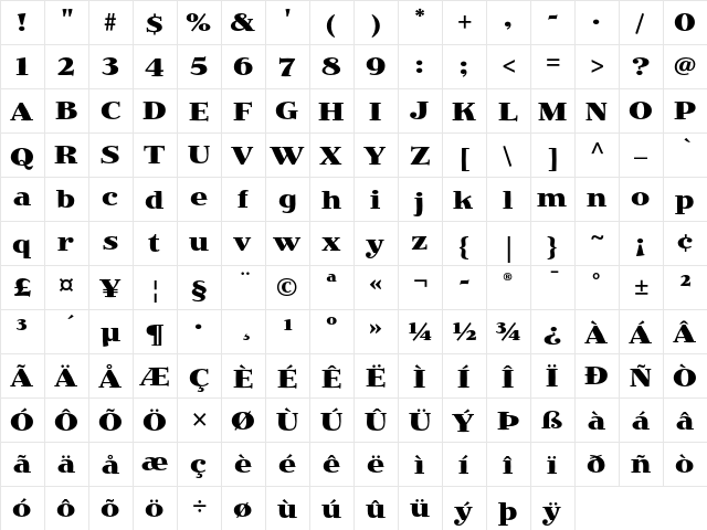 Jimbo Bold  glyph index