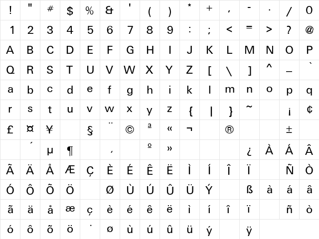 Galaxy Regular  glyph index