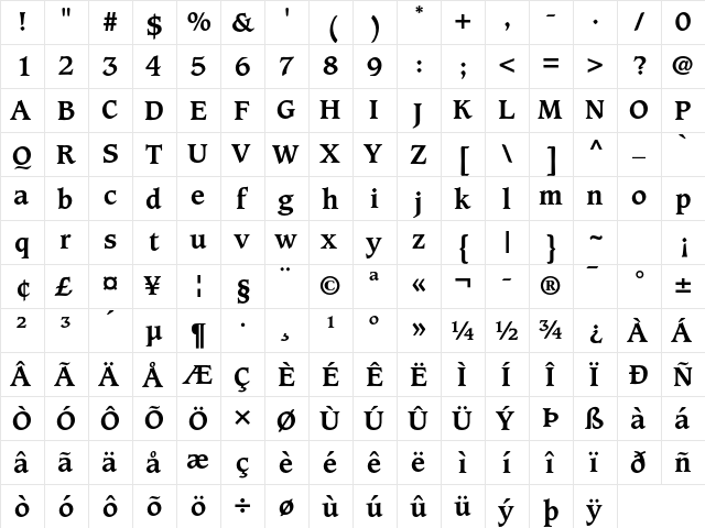 Caxton Std Bold  glyph index