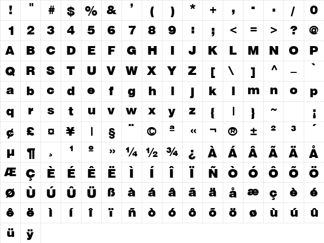 Switzerland Black Plain  glyph index