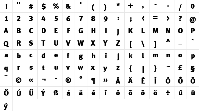 MetaBlackCELF Roman  glyph index