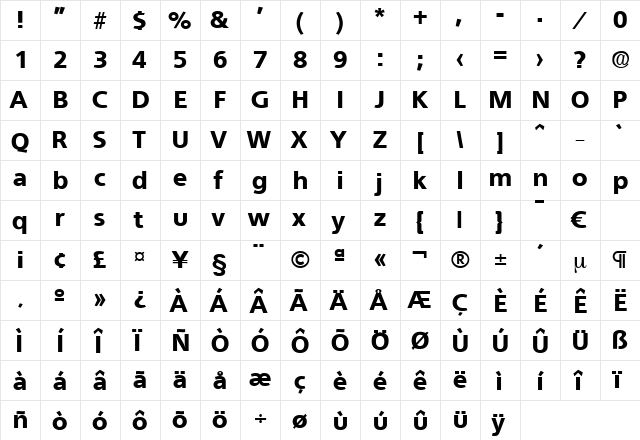 Quebec-ExtraBold Regular  glyph index