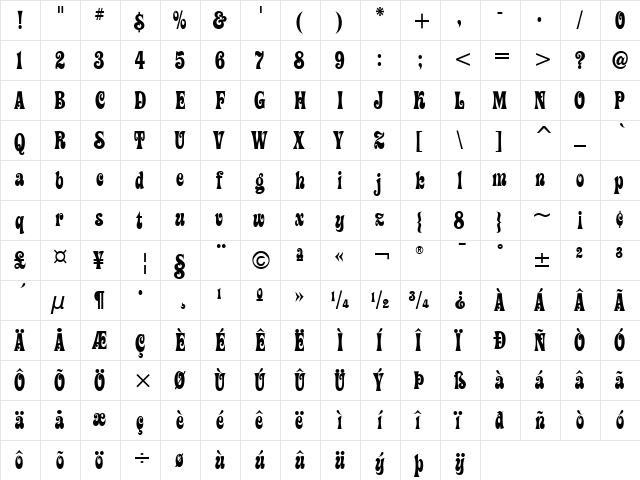 Ziggy ITC Bold  glyph index